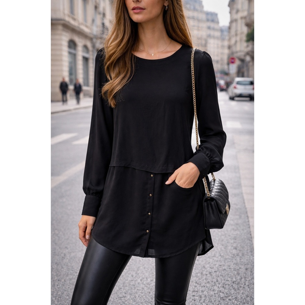 Ellen Tracy Womens Black Mixed Media Puff Sleeve Button Hem Tunic Top Large